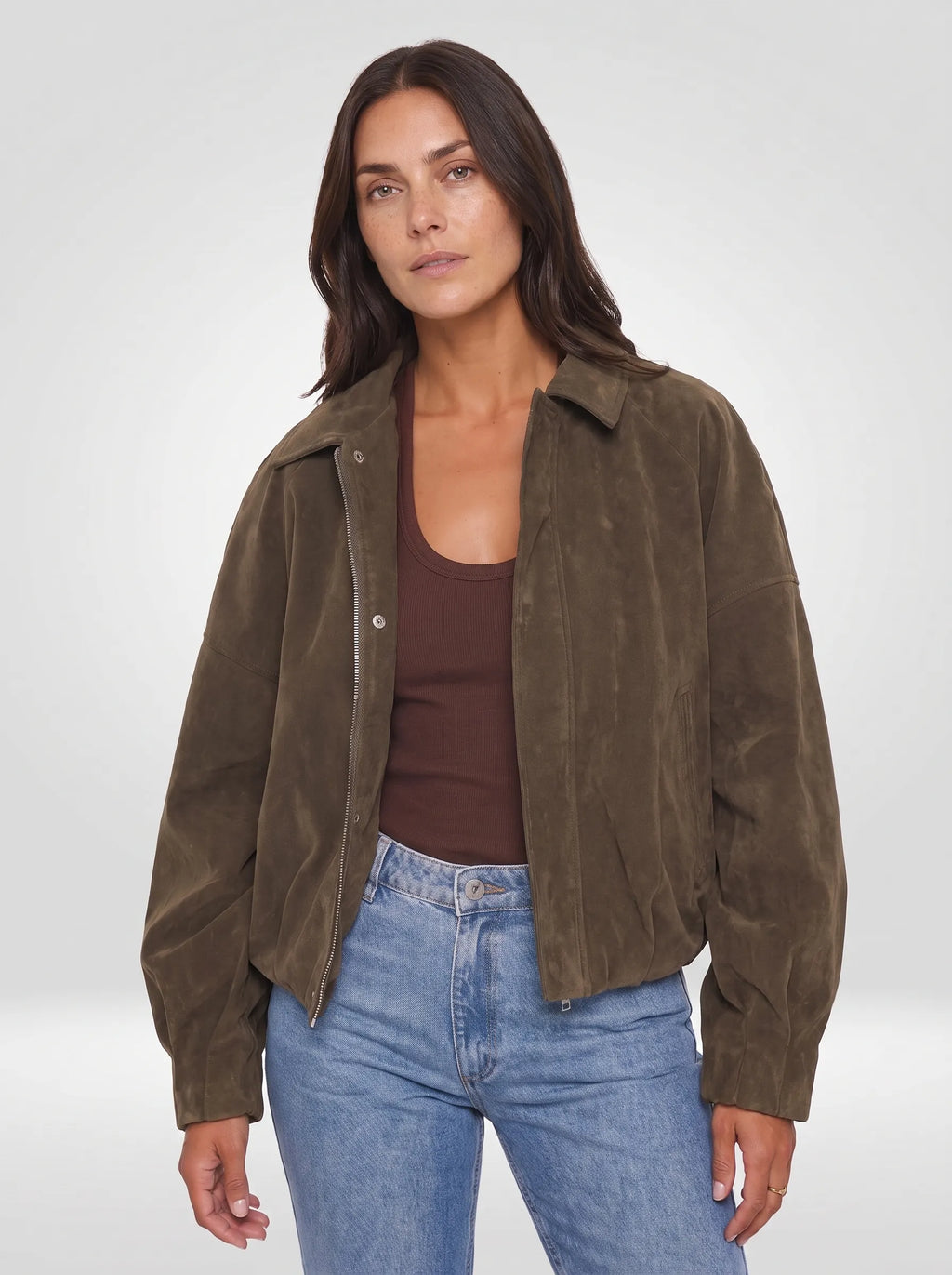 Sloane Faux Suede Bomber Jacket – Olive, front view with jacket open