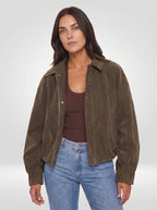 Sloane Faux Suede Bomber Jacket – Olive, front view with jacket open