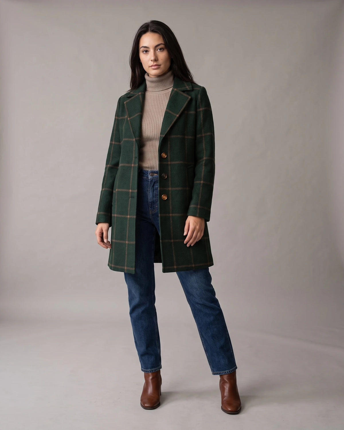 Women's Check Coat, Single-Breasted Wool-Blend with Notch Lapel in Green – Tallulah
