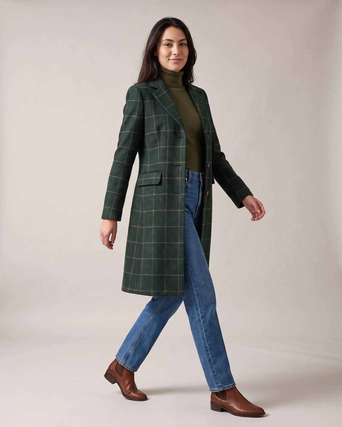 Women's Check Coat, Single-Breasted Wool-Blend with Notch Lapel in Green – Tallulah