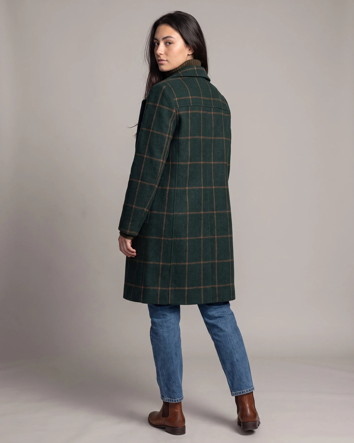 Women's Check Coat, Single-Breasted Wool-Blend with Notch Lapel in Green – Tallulah