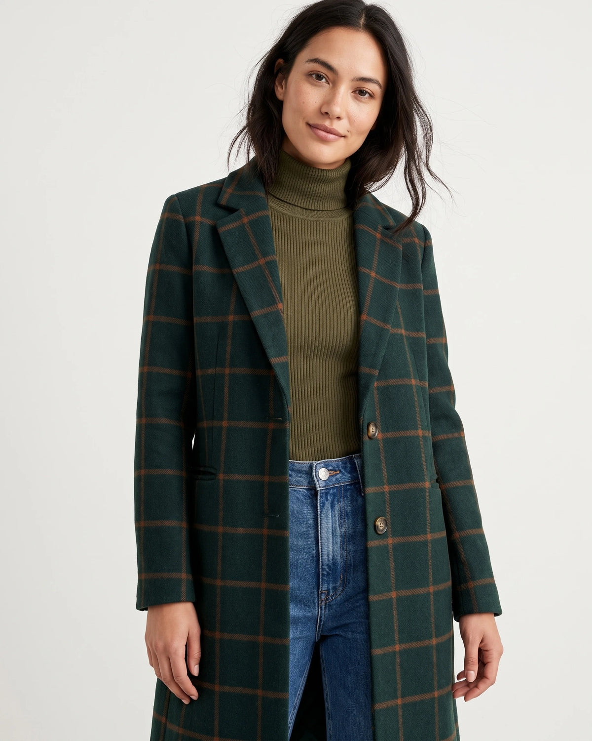 Women's Check Coat, Single-Breasted Wool-Blend with Notch Lapel in Green – Tallulah