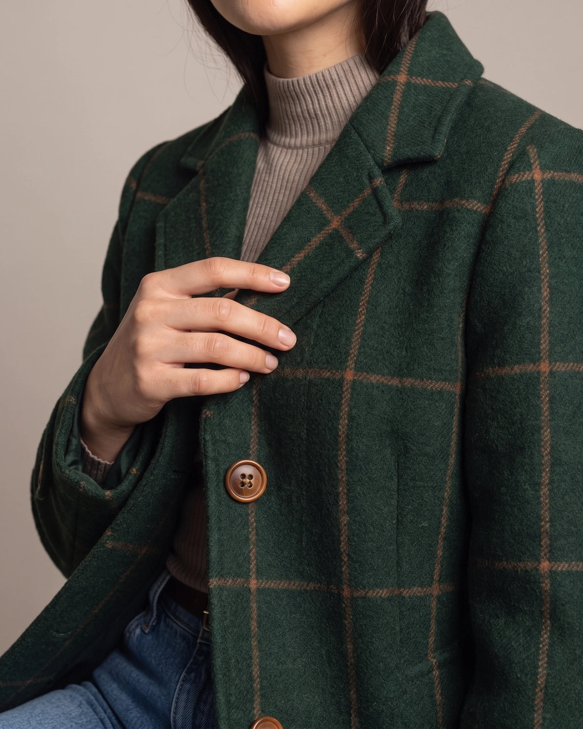 Women's Check Coat, Single-Breasted Wool-Blend with Notch Lapel in Green – Tallulah