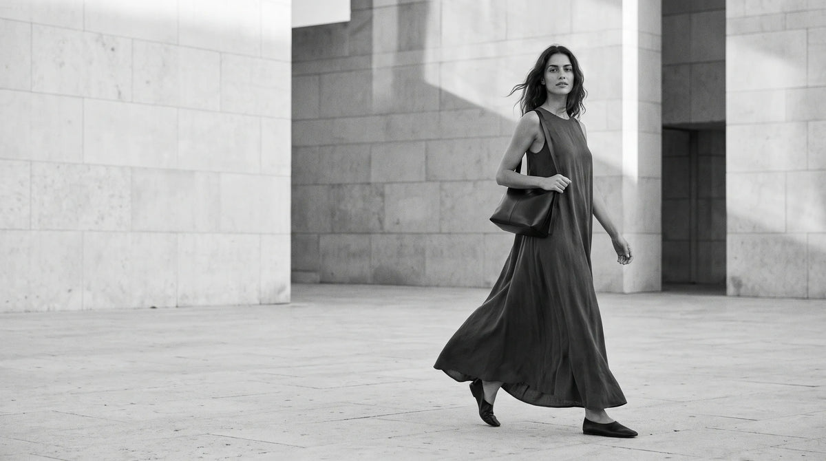 Ruebloom woman in a mocha dress walking through warm contemporary architecture
