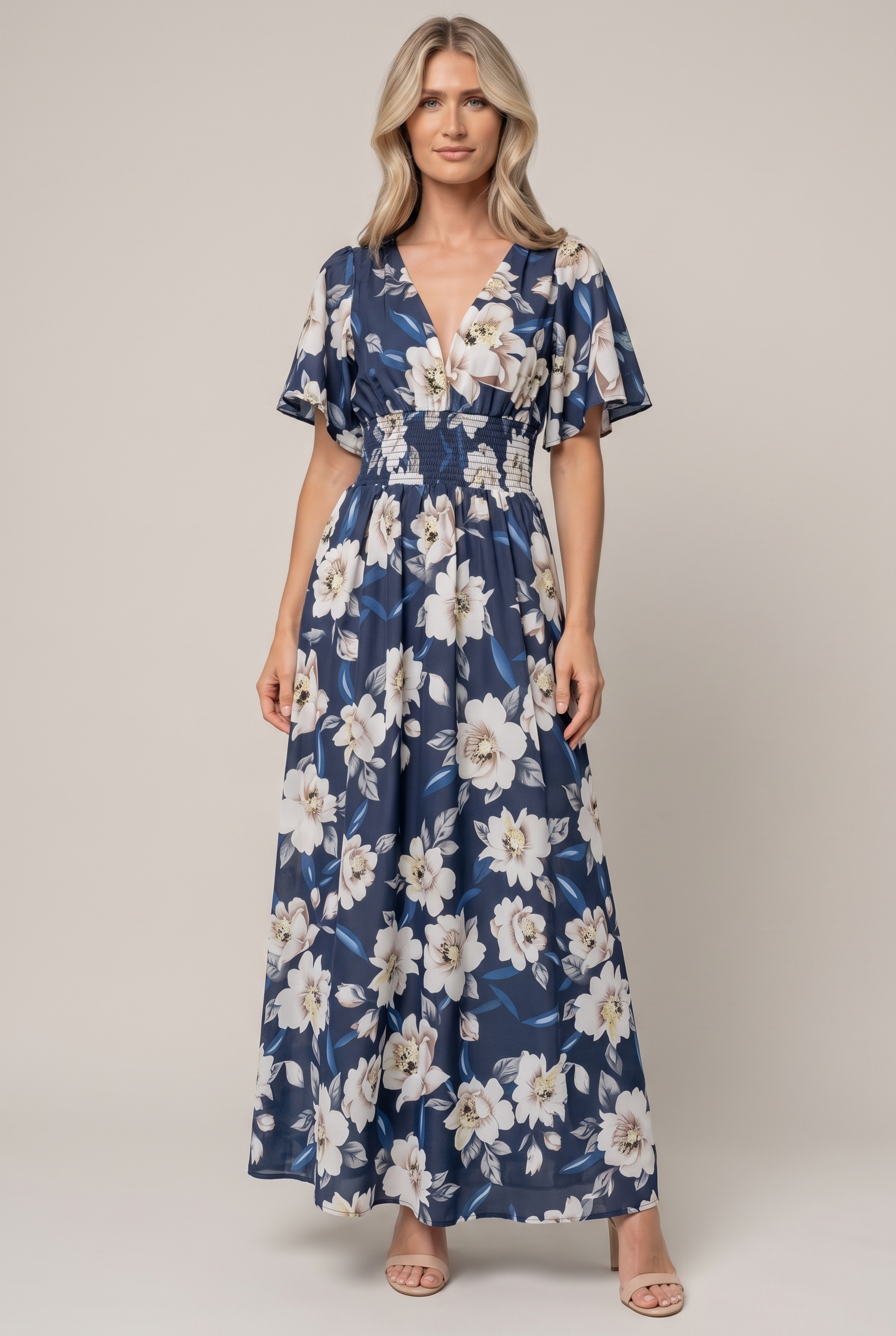 Verona Smocked Maxi Dress in navy and white floral, front full-length view