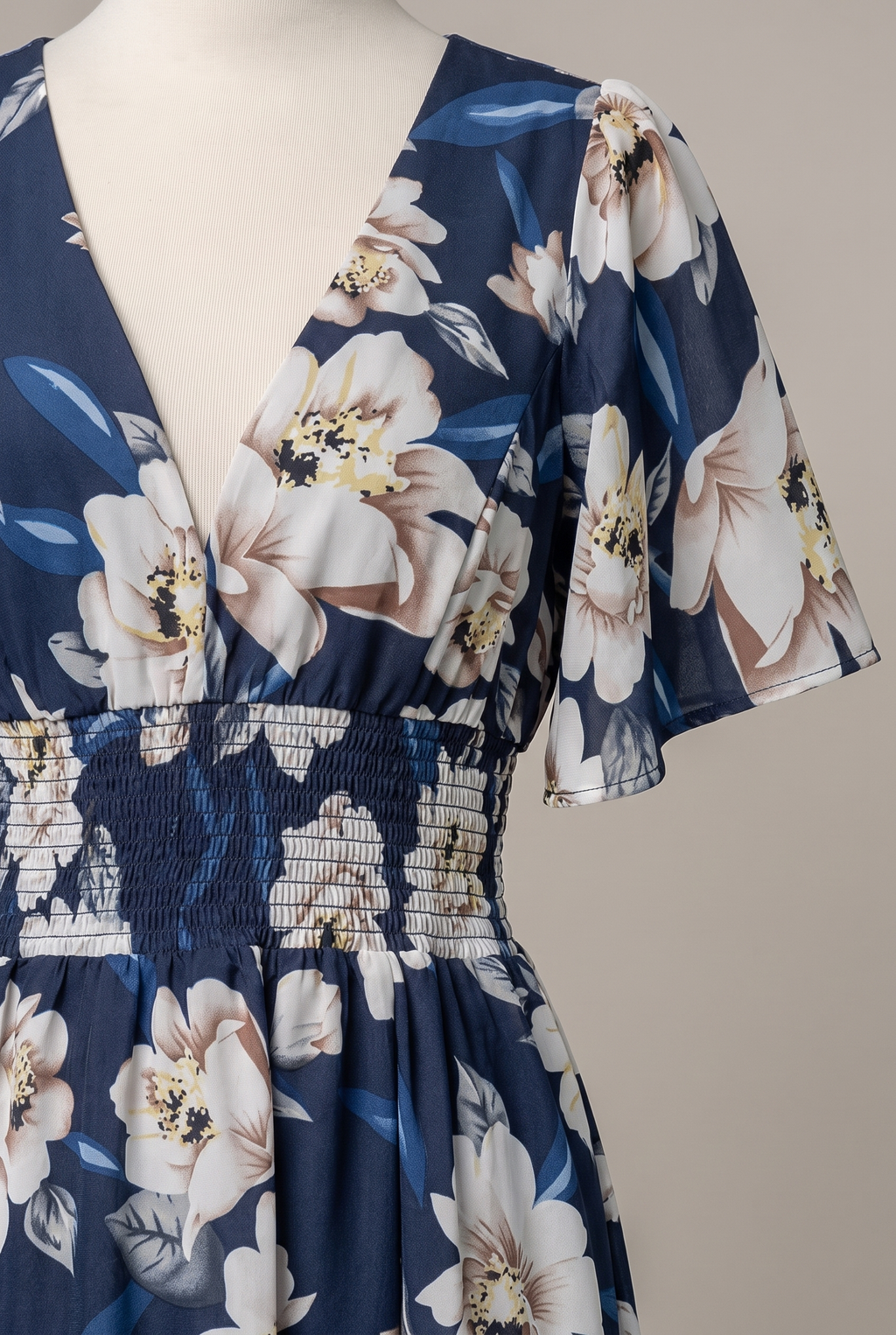 Verona Smocked Maxi Dress detail: deep V-neck, flutter sleeve and smocked stretch waist