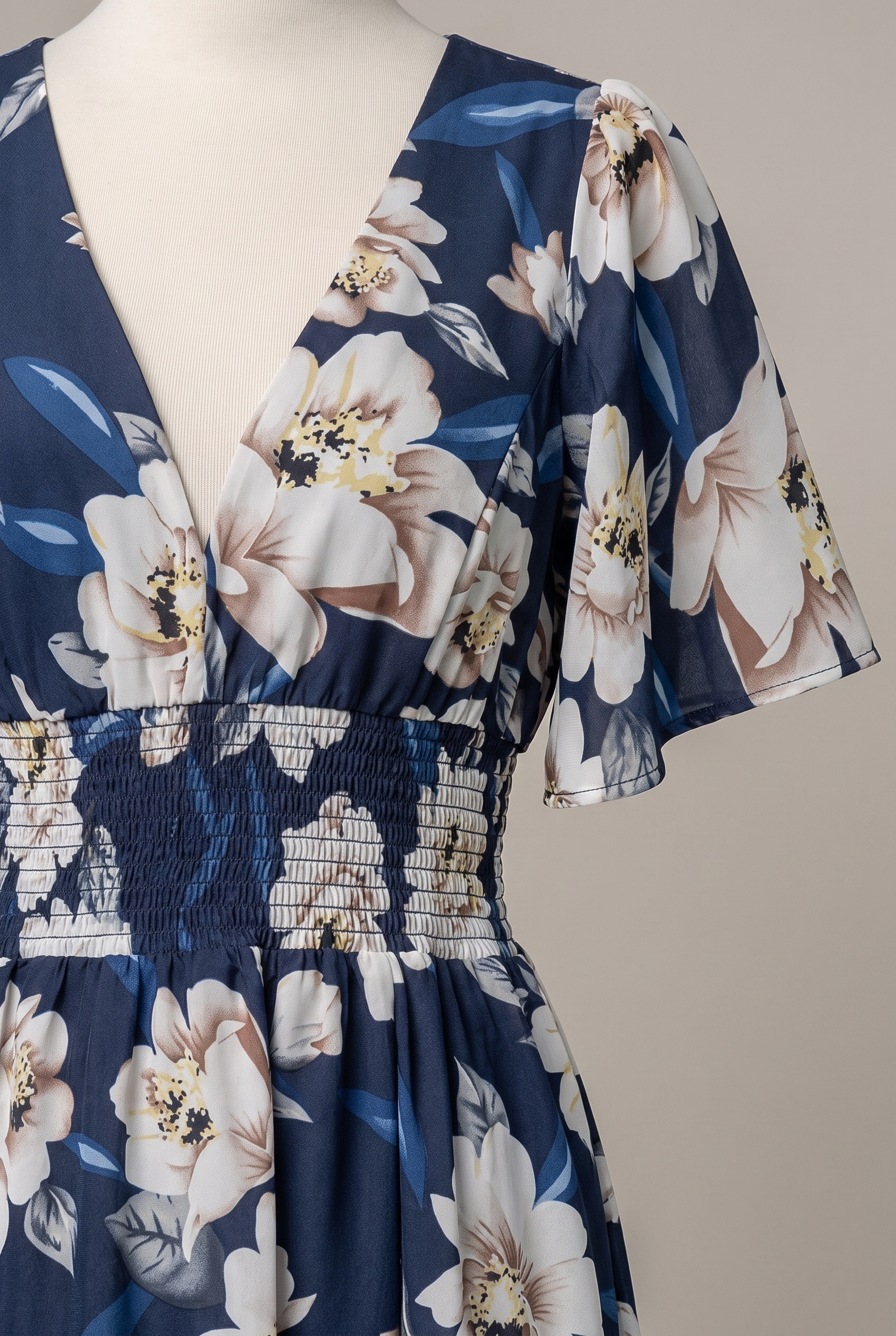 Verona Smocked Maxi Dress detail: deep V-neck, flutter sleeve and smocked stretch waist