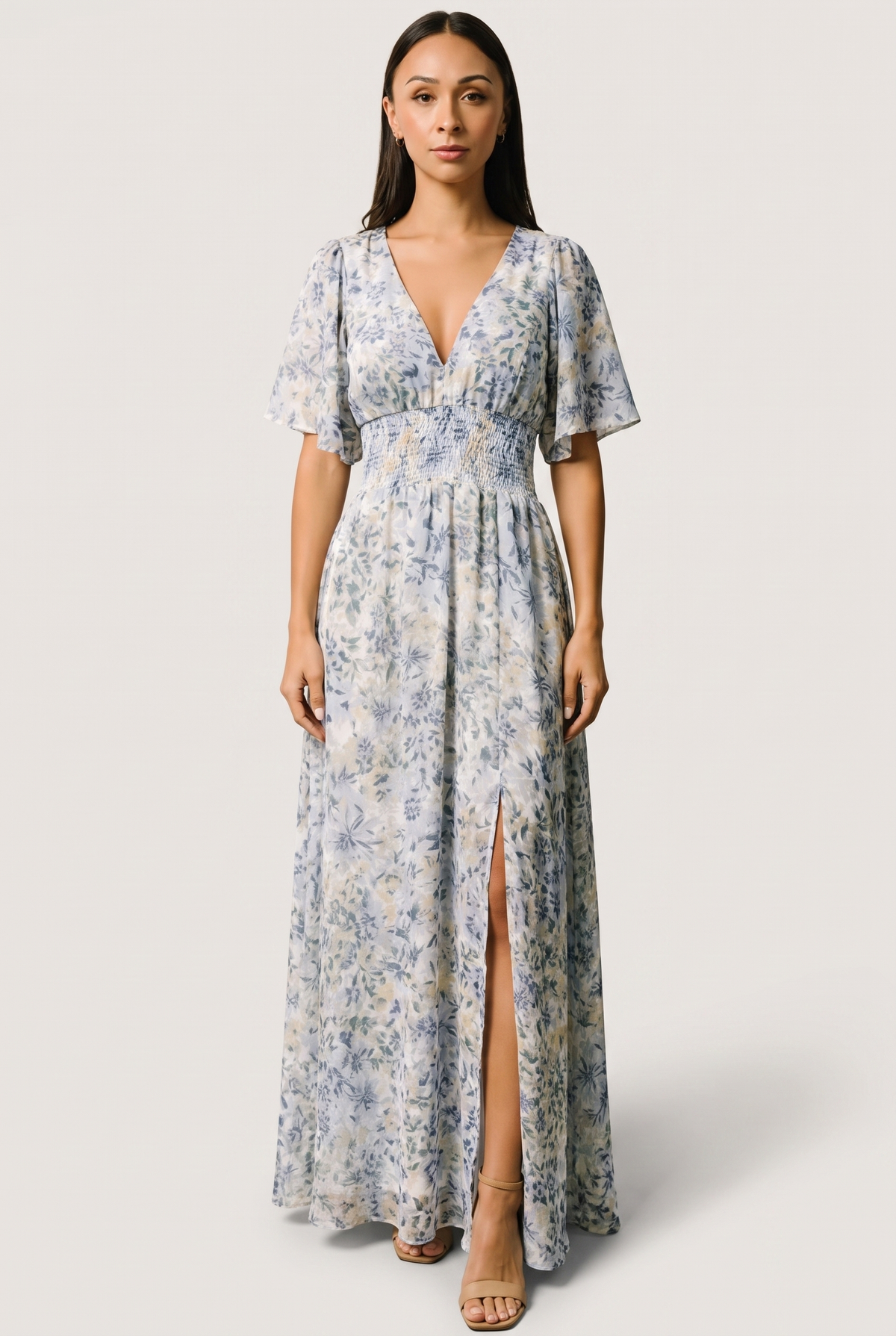 Mirelle Smocked Maxi Dress in white and blue floral print, front view