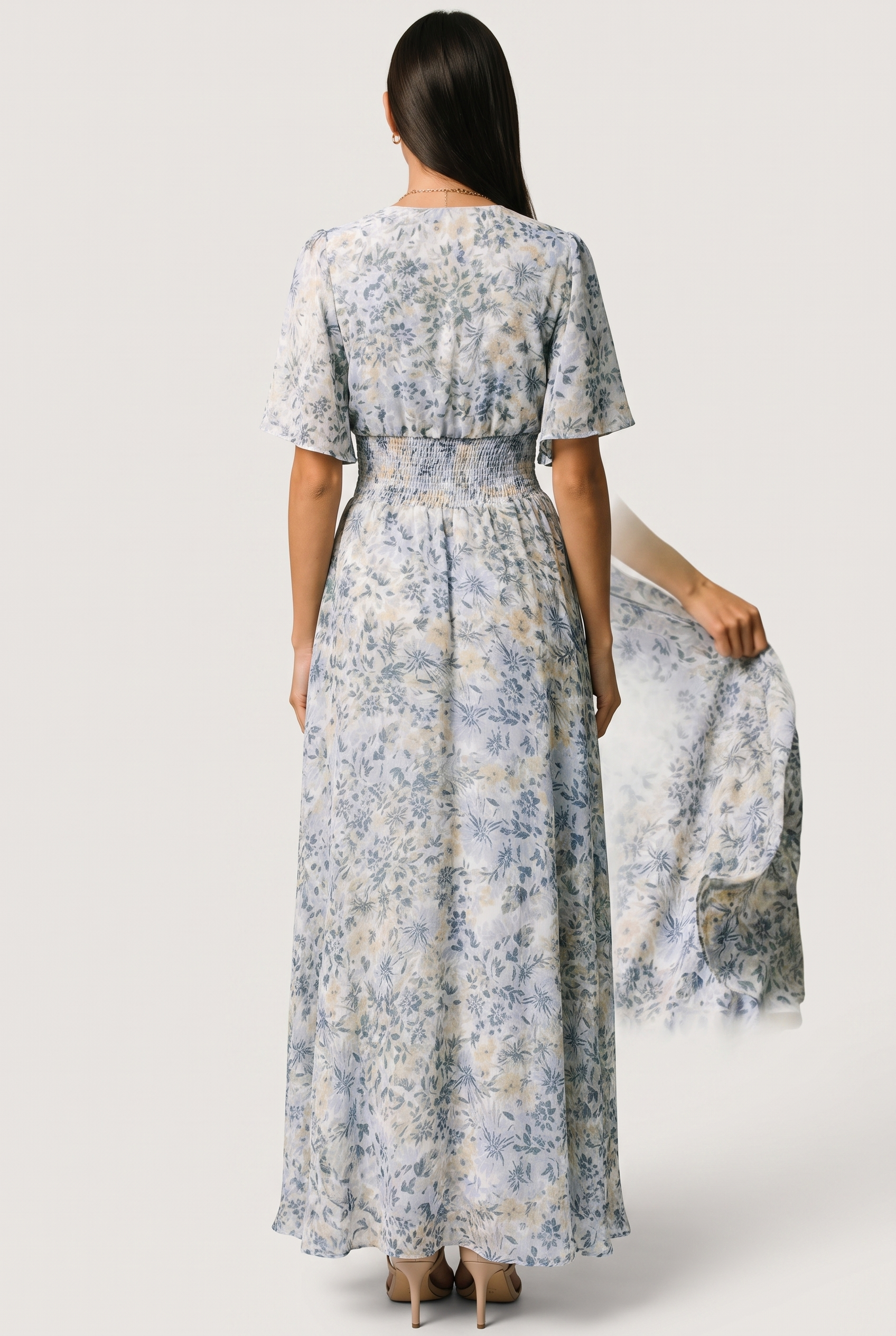 Verona Smocked Maxi Dress in white and blue floral print, back view