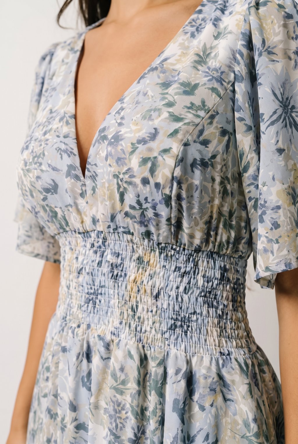 Verona Smocked Maxi Dress smocked waist and V-neckline fabric detail