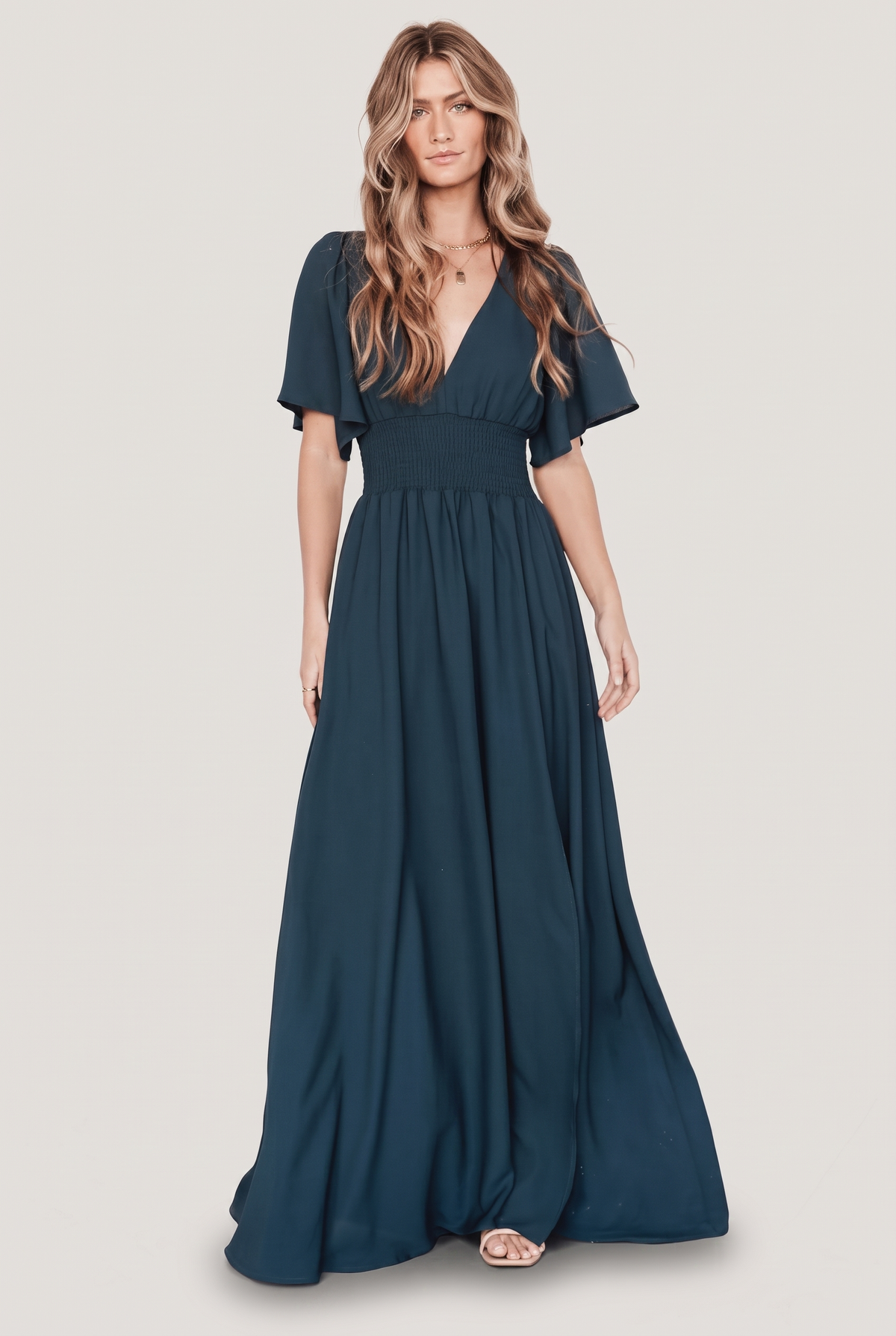 Mirelle Smocked Maxi Dress in Topaz teal, front full-length view