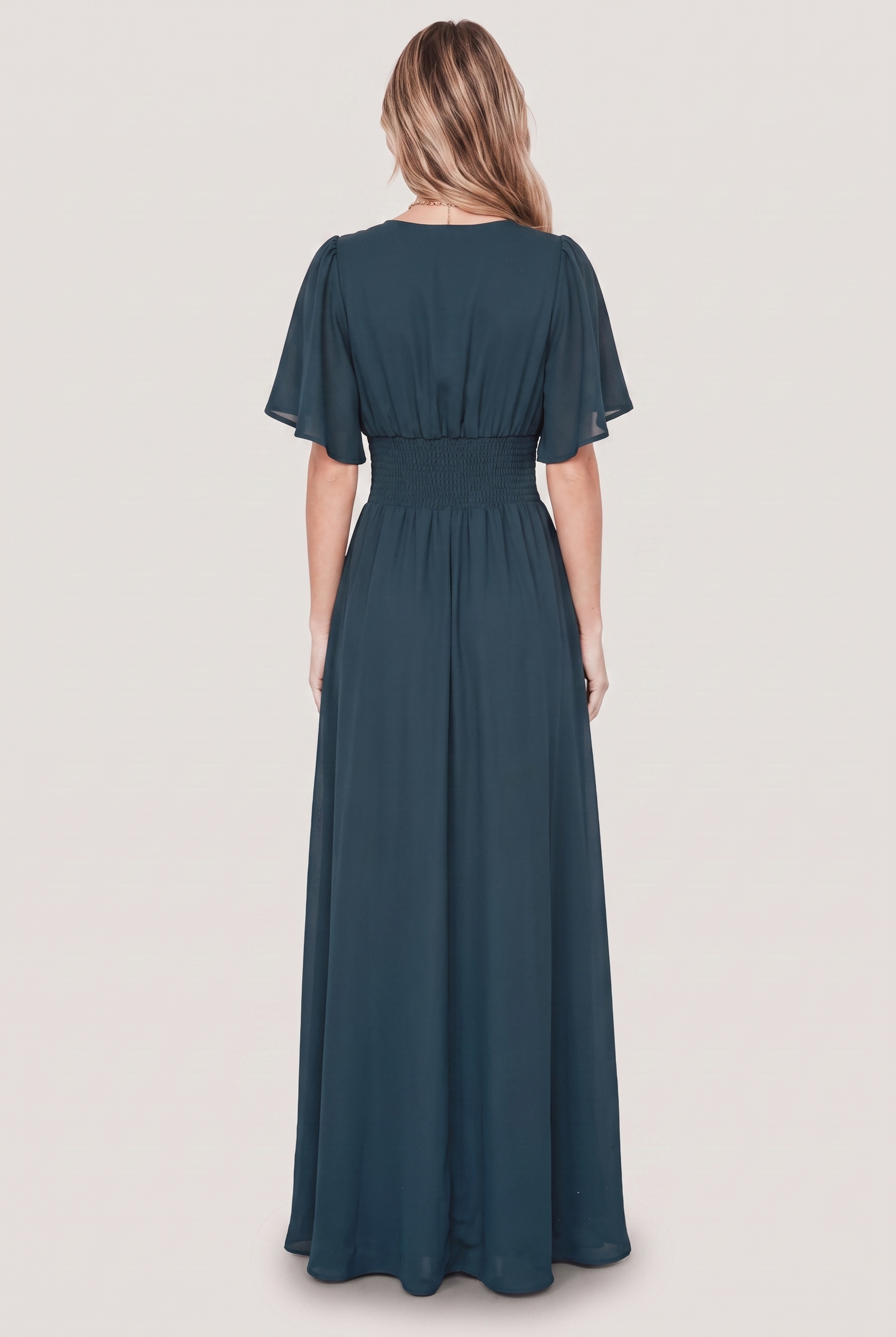 Verona Smocked Maxi Dress in Topaz teal, back full-length view showing shirred waist