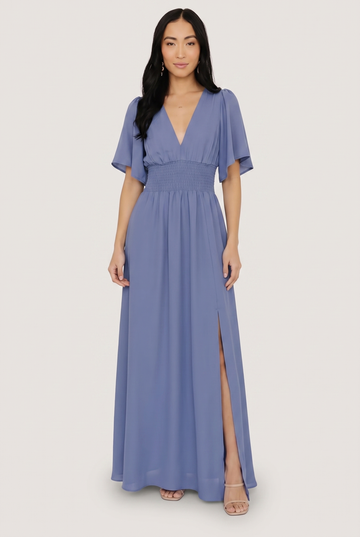 Mirelle Smocked Maxi Dress in dusty blue, front view