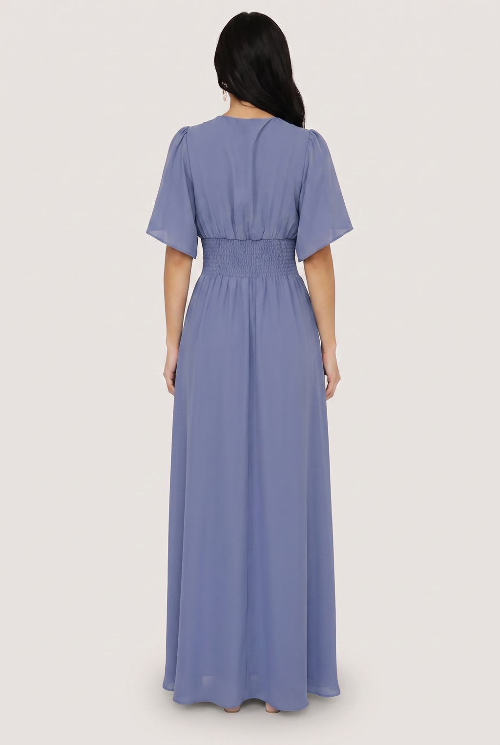 Verona Smocked Maxi Dress in dusty blue, back view