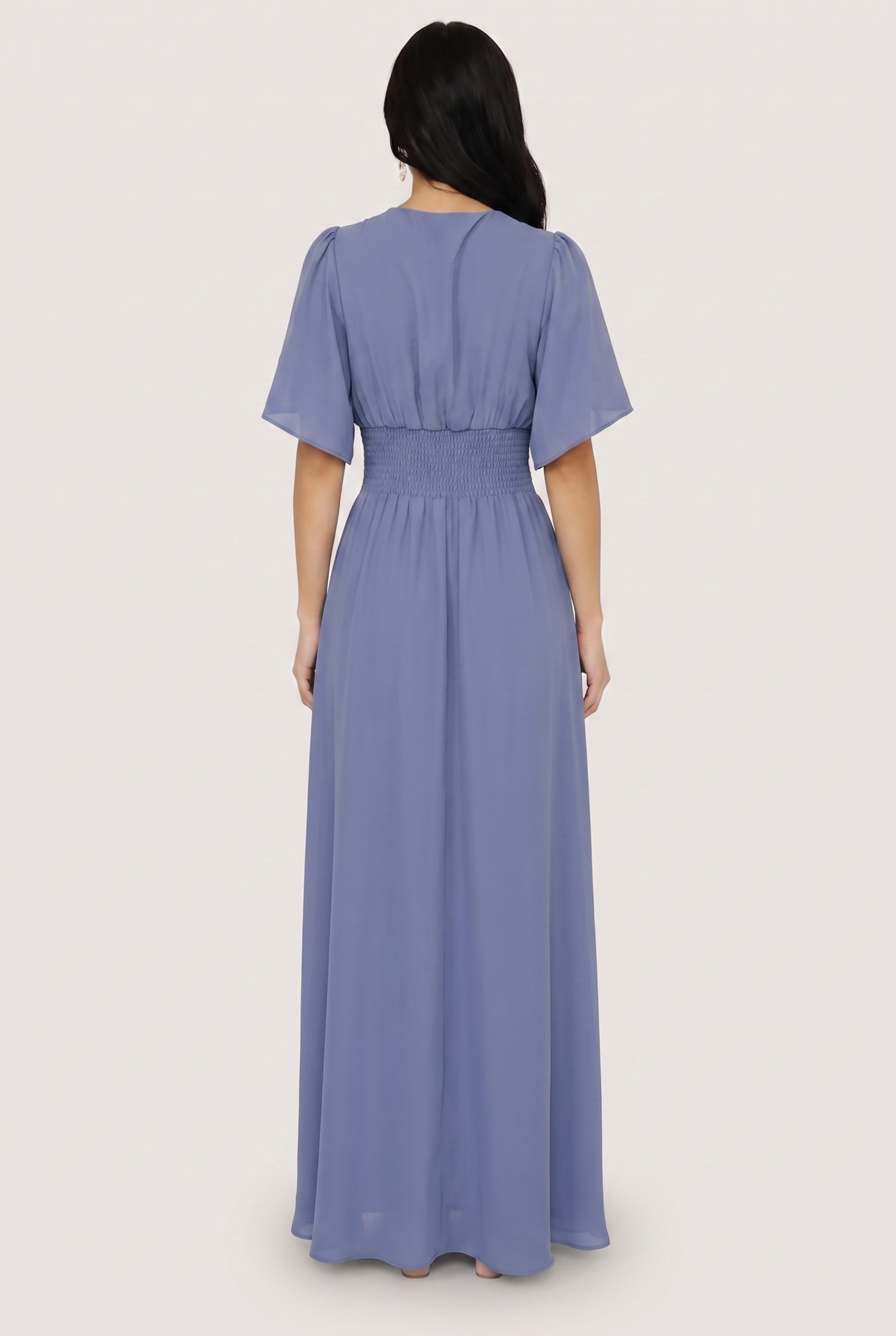 Verona Smocked Maxi Dress in dusty blue, back view
