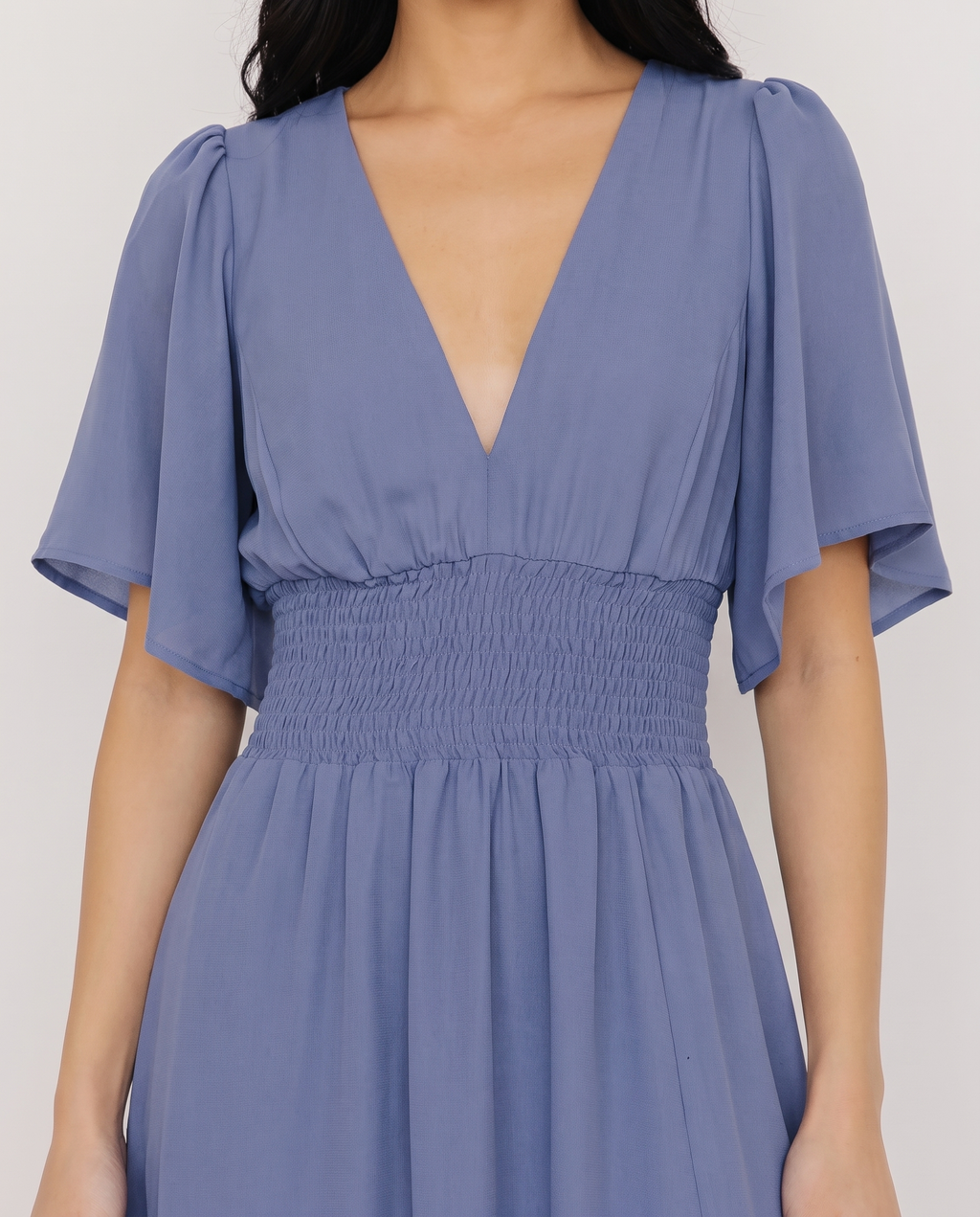 Verona Smocked Maxi Dress in dusty blue, smocked waist and flutter sleeve detail