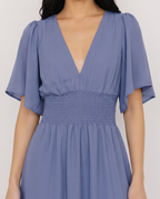 Mirelle Smocked Maxi Dress in dusty blue, smocked waist and flutter sleeve detail