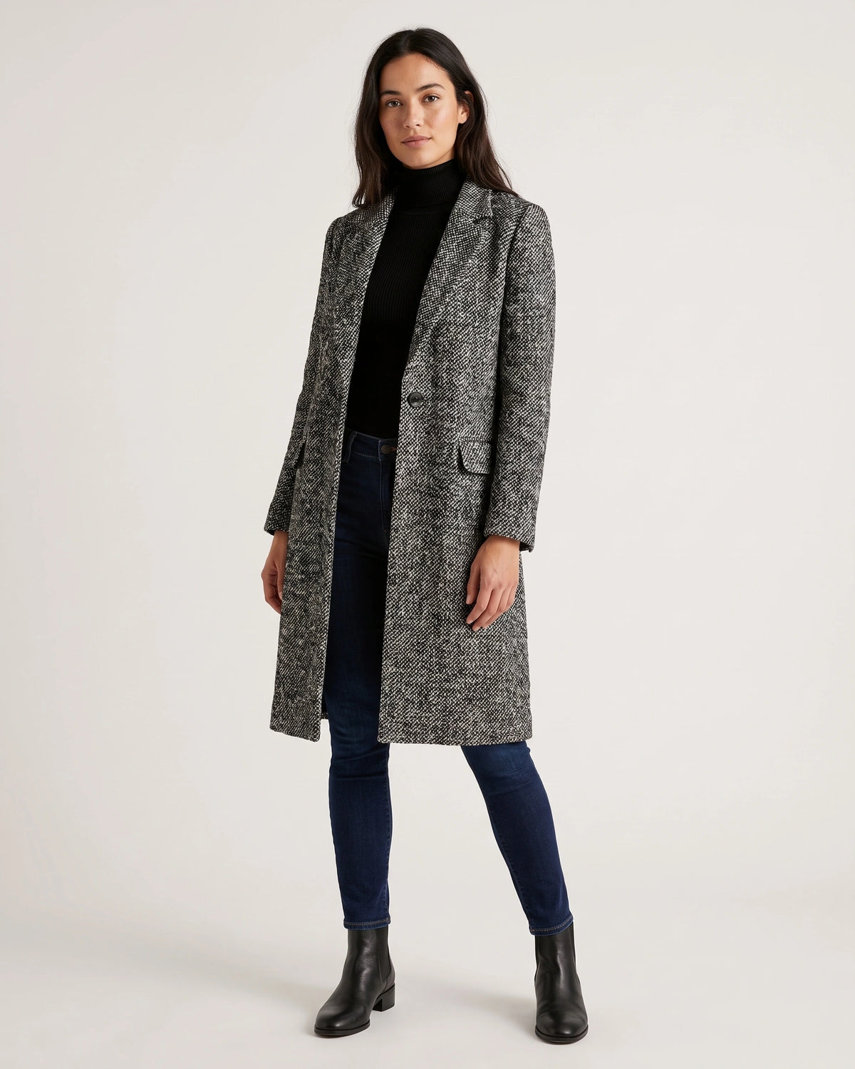 Women's Black and White Houndstooth Coat, Longline Tweed Coat for Winter – Claudia
