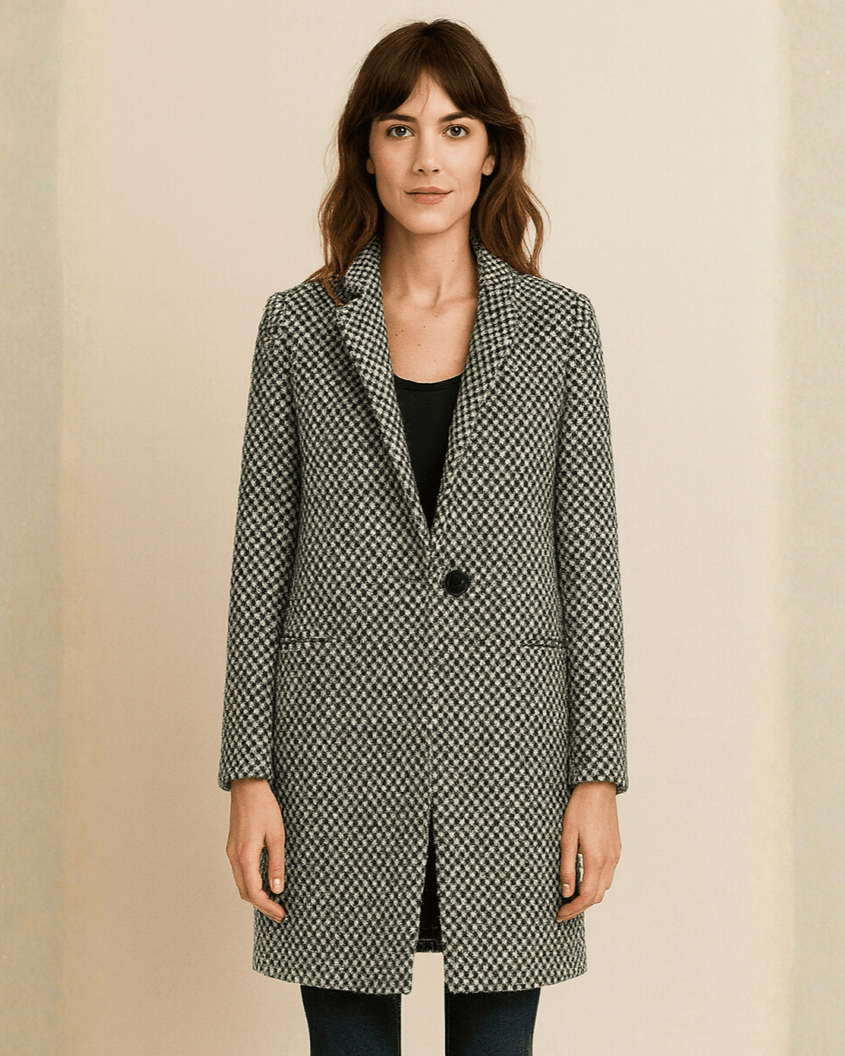 Women's Black and White Houndstooth Coat, Longline Tweed Coat for Winter – Claudia