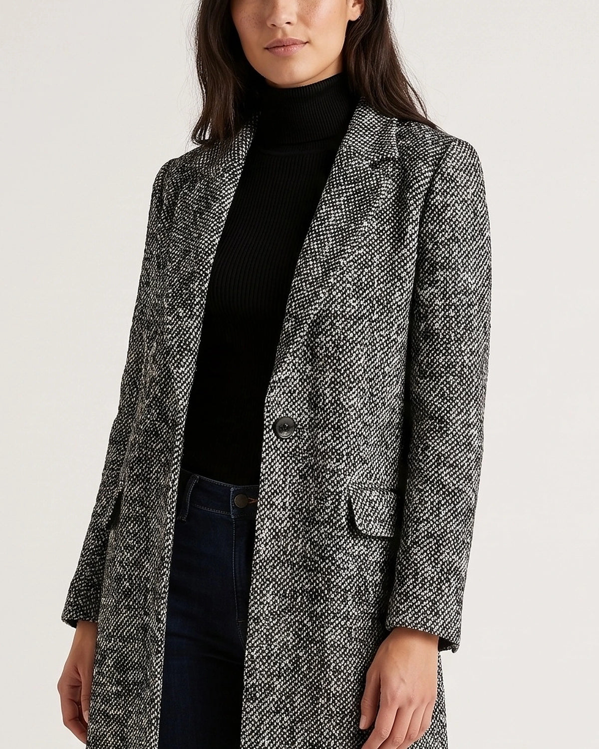 Women's Black and White Houndstooth Coat, Longline Tweed Coat for Winter – Claudia