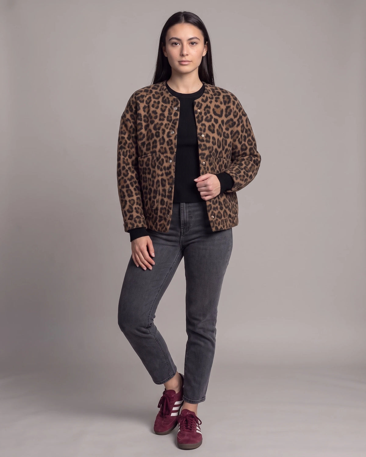 Women's Leopard Print Jacket with Patch Pockets and Snap Buttons, Collarless – Edie