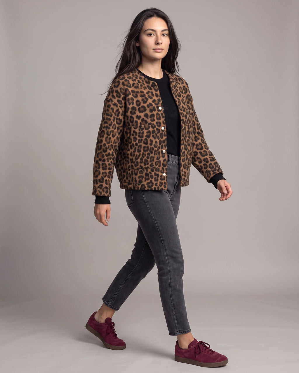 Women's Leopard Print Jacket with Patch Pockets and Snap Buttons, Collarless – Edie