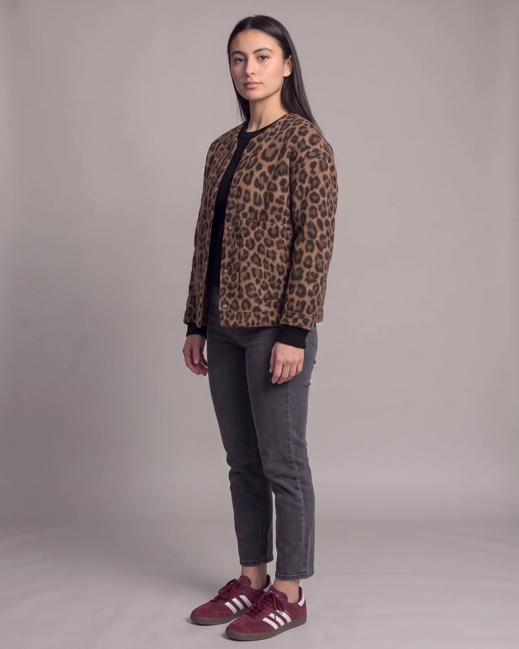 Women's Leopard Print Jacket with Patch Pockets and Snap Buttons, Collarless – Edie