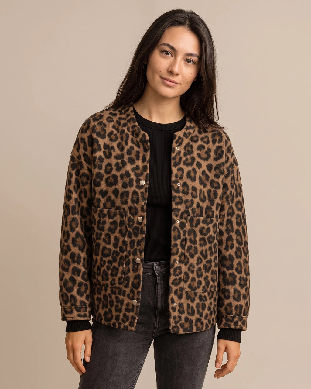 Women's Leopard Print Jacket with Patch Pockets and Snap Buttons, Collarless – Edie