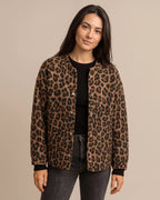 Women's Leopard Print Jacket with Patch Pockets and Snap Buttons, Collarless – Edie