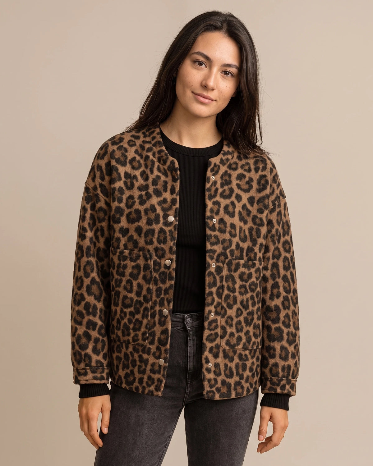 Women's Leopard Print Jacket with Patch Pockets and Snap Buttons, Collarless – Edie