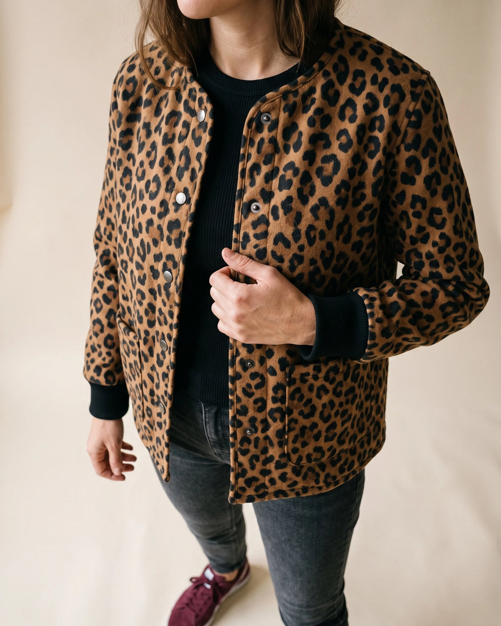 Women's Leopard Print Jacket with Patch Pockets and Snap Buttons, Collarless – Edie