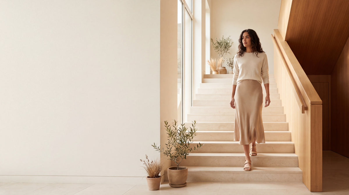Ruebloom editorial woman in neutral fashion on contemporary interior stairs
