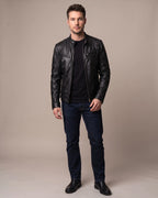 Men's Biker Leather Jacket with Zip Pockets and Snap Collar – Ashton