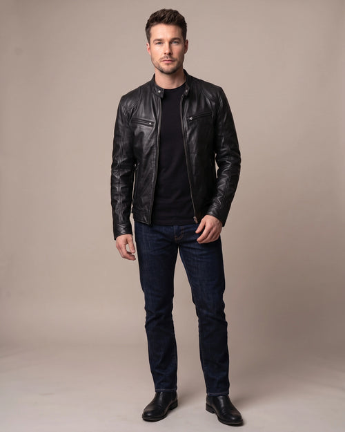 Men's Biker Leather Jacket with Zip Pockets and Snap Collar – Ashton