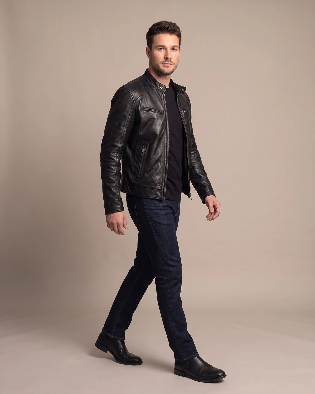 Men's Biker Leather Jacket with Zip Pockets and Snap Collar – Ashton