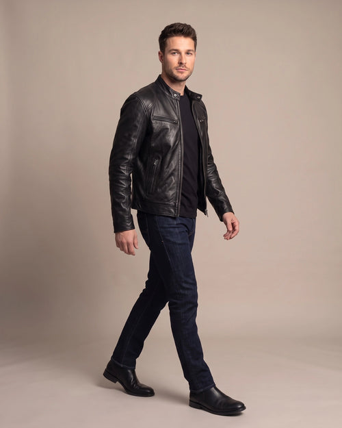 Men's Biker Leather Jacket with Zip Pockets and Snap Collar – Ashton