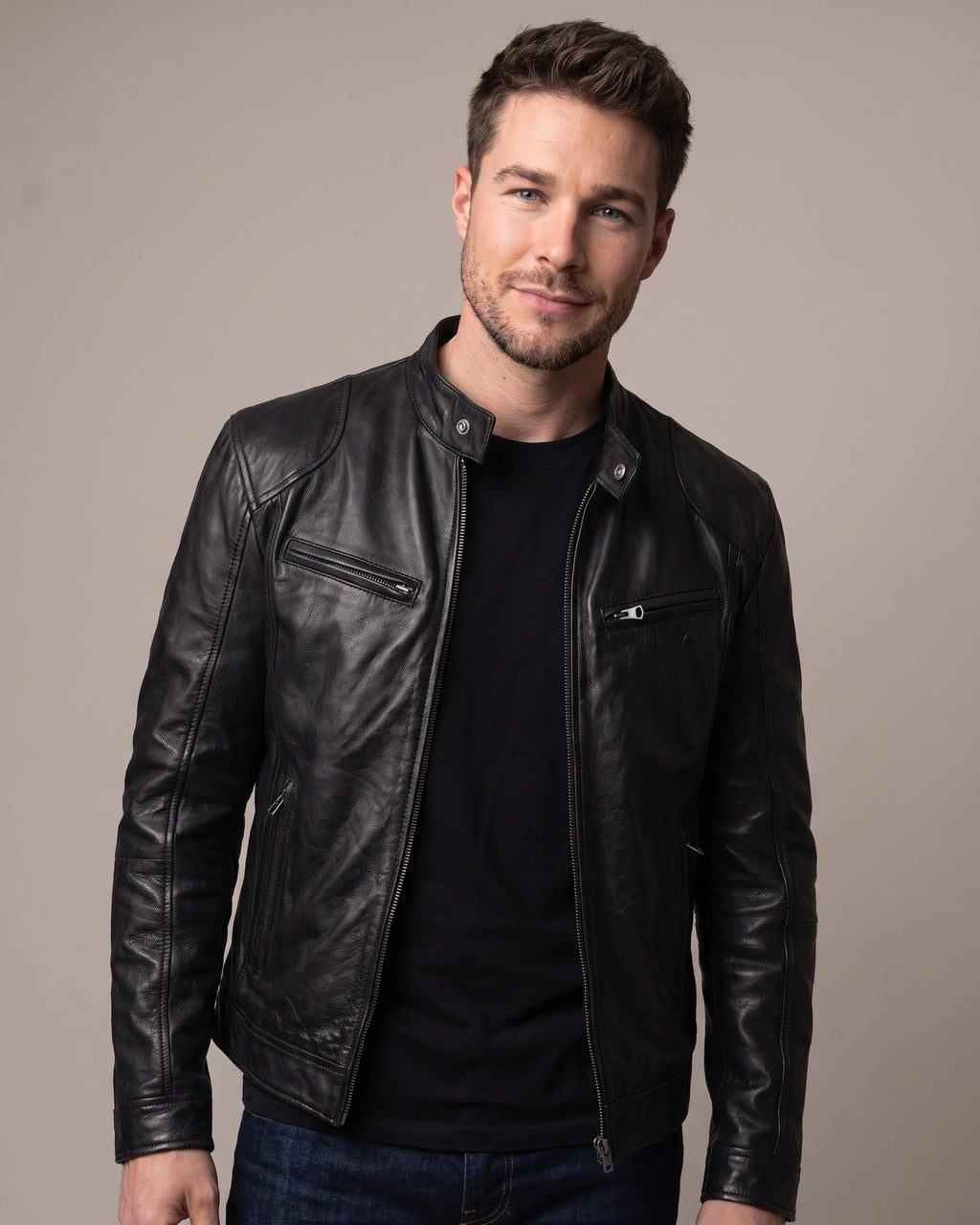 Men's Biker Leather Jacket with Zip Pockets and Snap Collar – Ashton