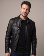 Men's Biker Leather Jacket with Zip Pockets and Snap Collar – Ashton
