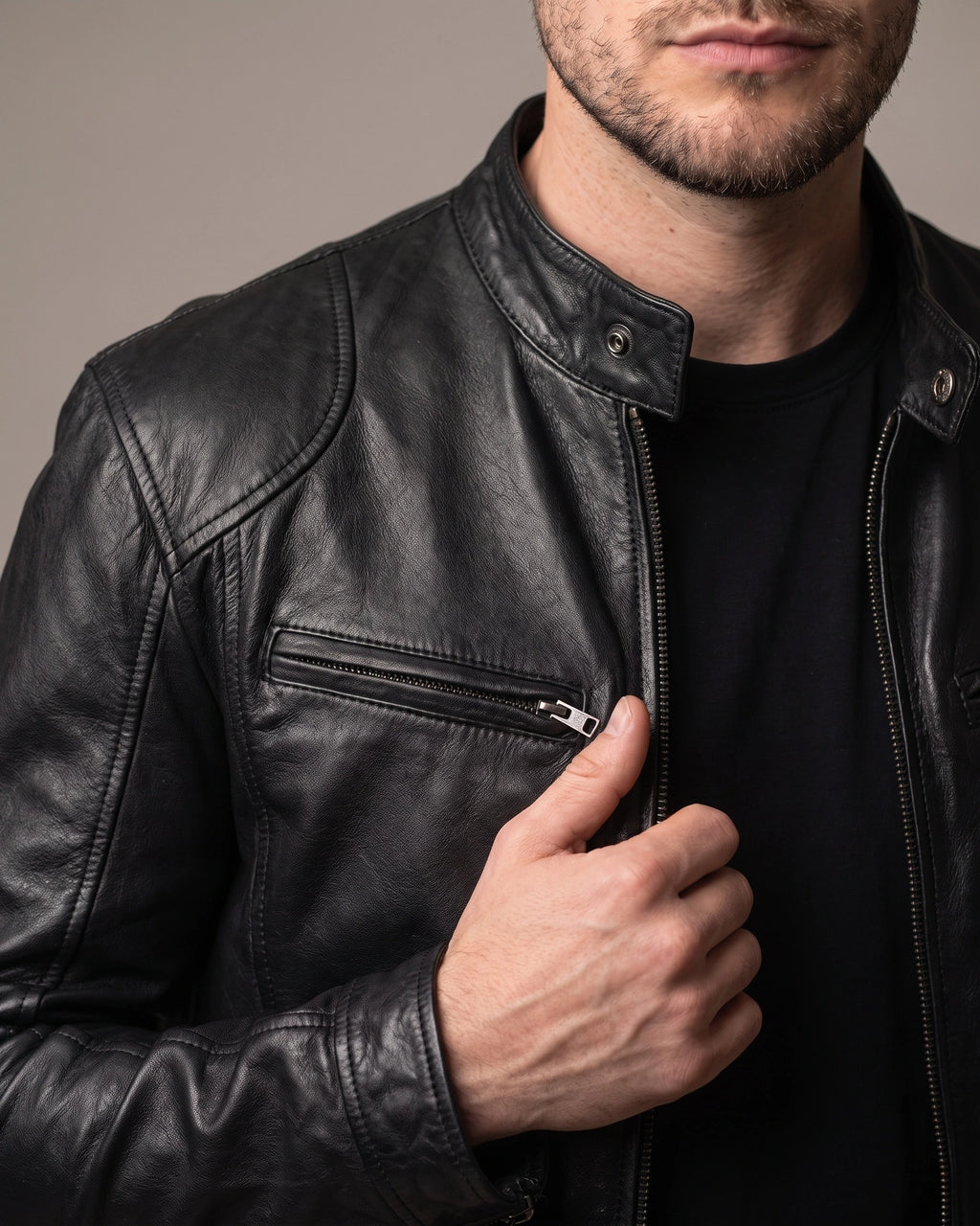Men's Biker Leather Jacket with Zip Pockets and Snap Collar – Ashton