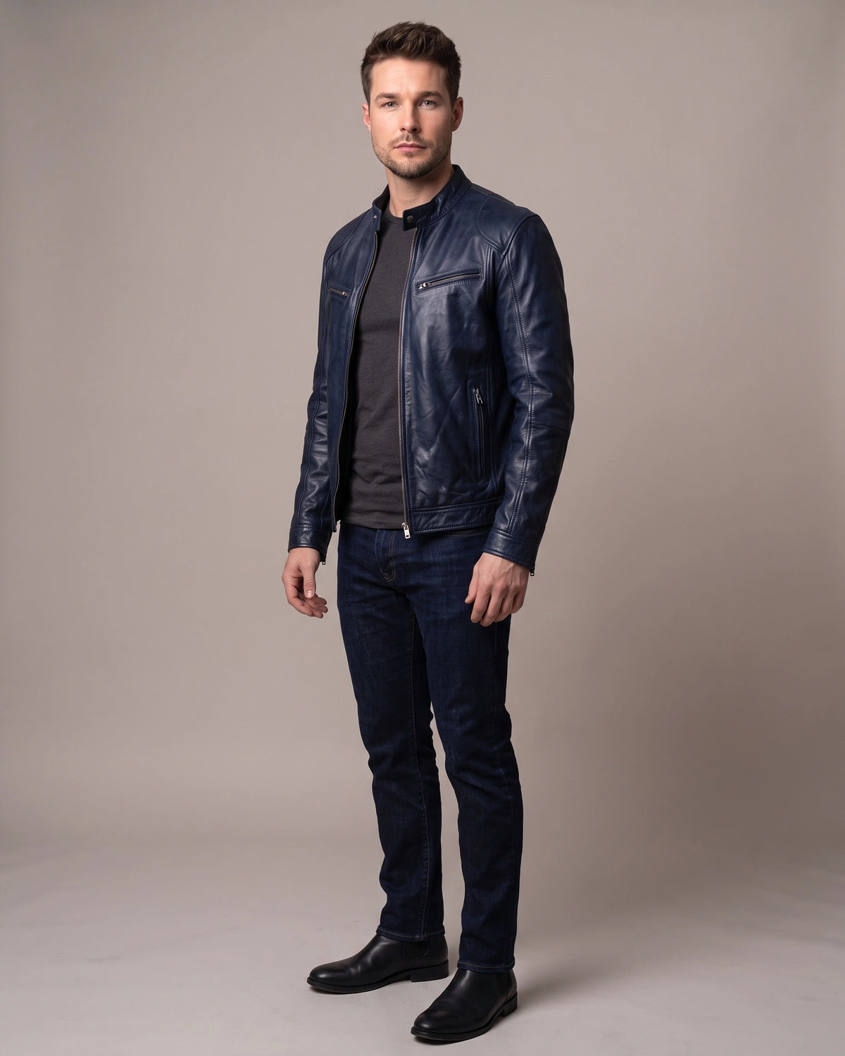 Men's Biker Leather Jacket with Zip Pockets and Snap Collar – Ashton