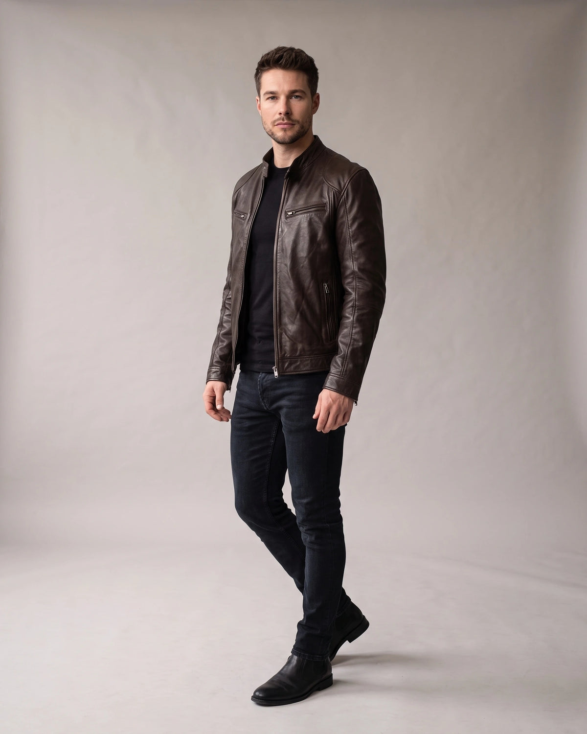 Men's Biker Leather Jacket with Zip Pockets and Snap Collar – Ashton