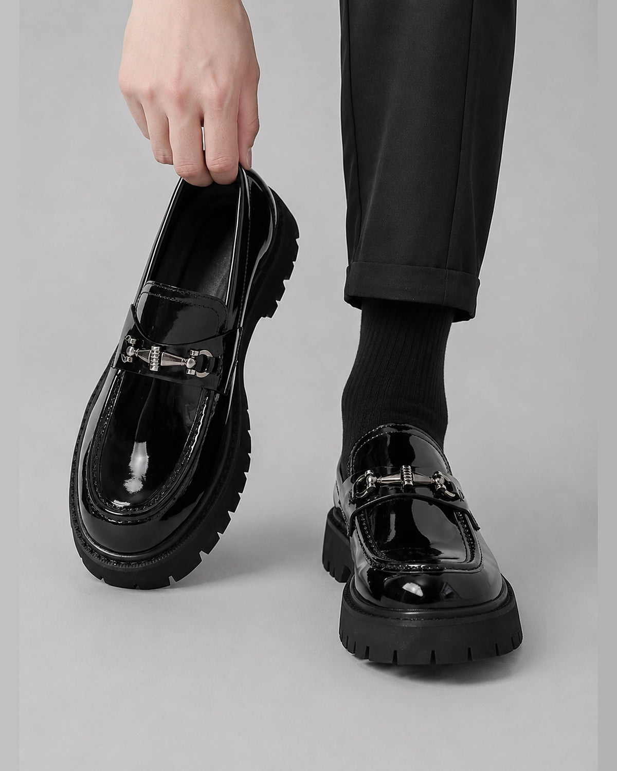 Men's Chunky Sole Patent Leather-Look Horsebit Loafers – Felix