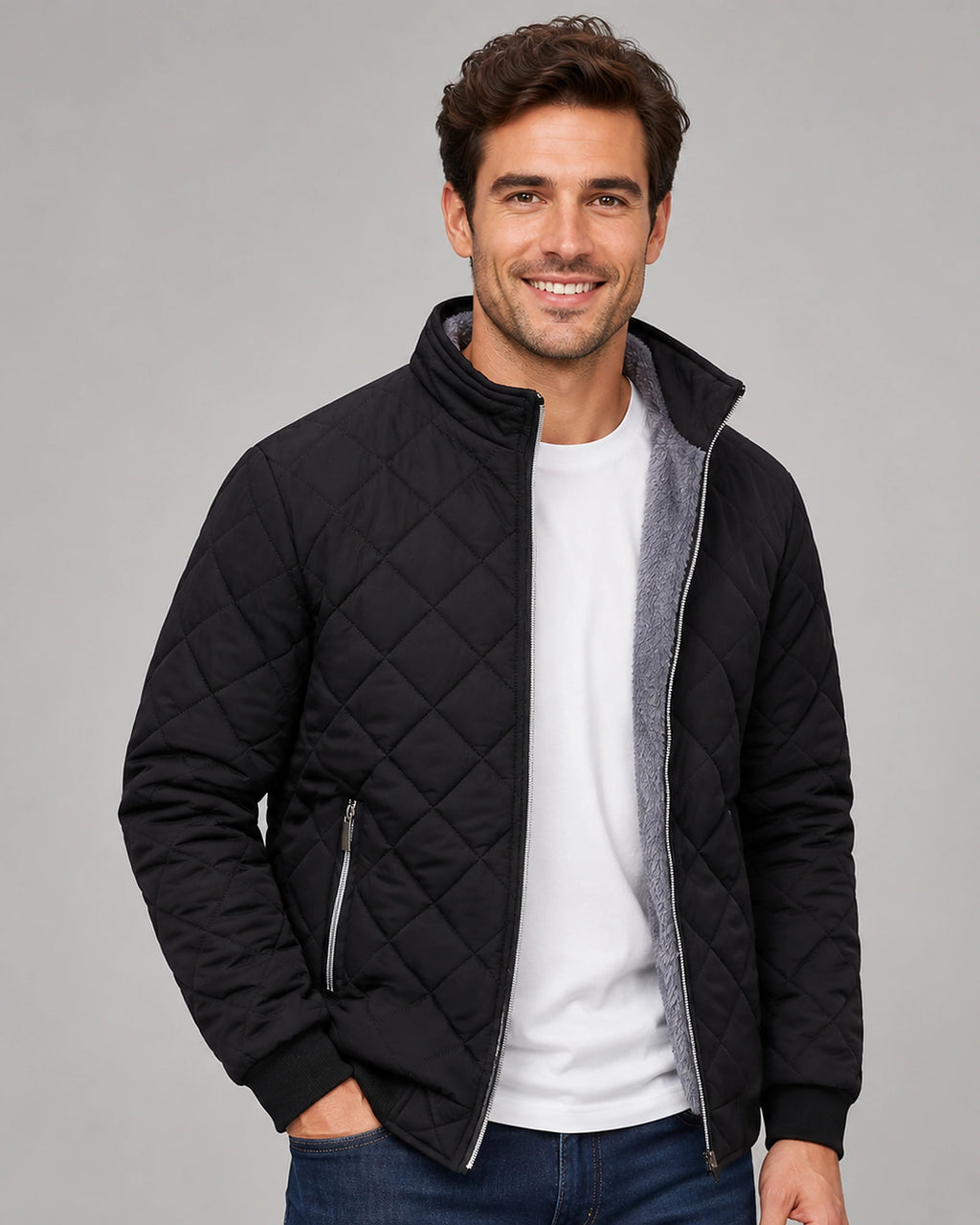 Men's Diamond Quilted Zip-Up Jacket with Stand Collar – Milo