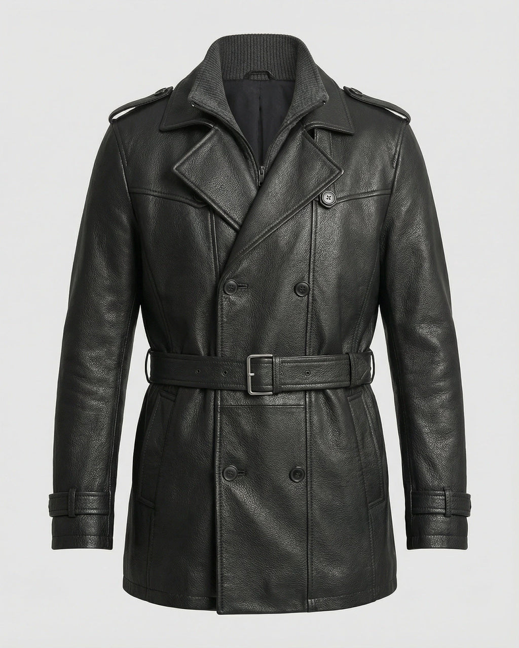 Men's Double-Breasted Leather Trench Coat with Belted Waist – Dora Grey