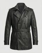 Men's Double-Breasted Leather Trench Coat with Belted Waist – Dora Grey