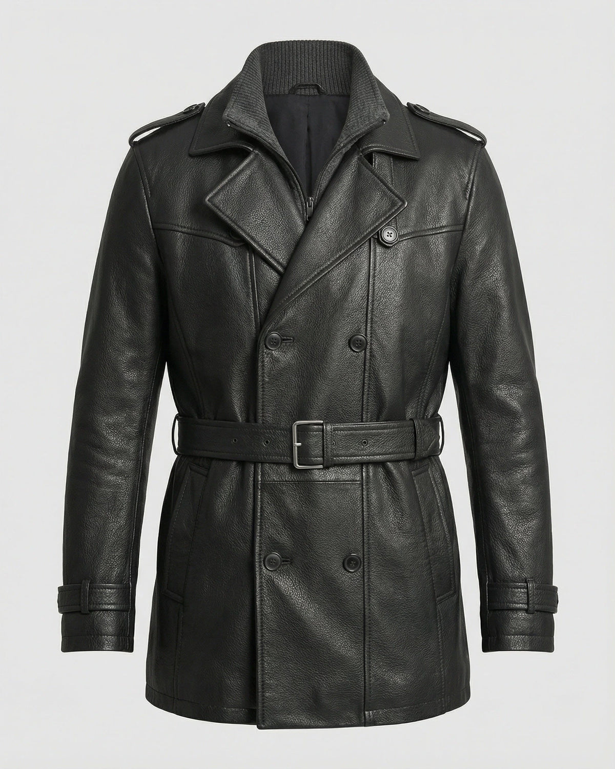 Men's Double-Breasted Leather Trench Coat with Belted Waist – Dora Grey