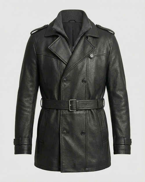 Men's Double-Breasted Leather Trench Coat with Belted Waist – Dora Grey