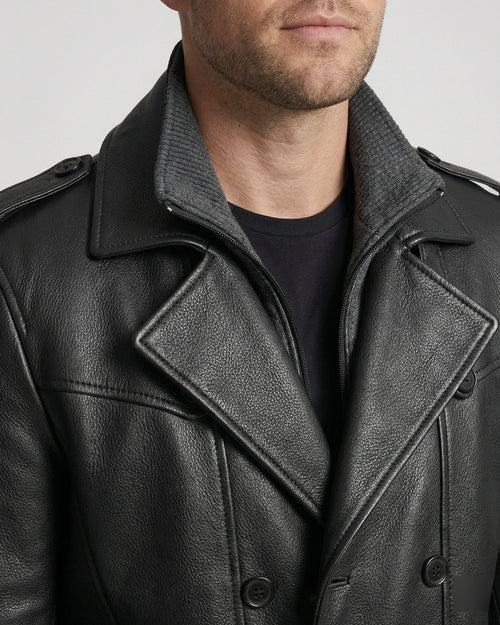 Men's Double-Breasted Leather Trench Coat with Belted Waist – Dora Grey