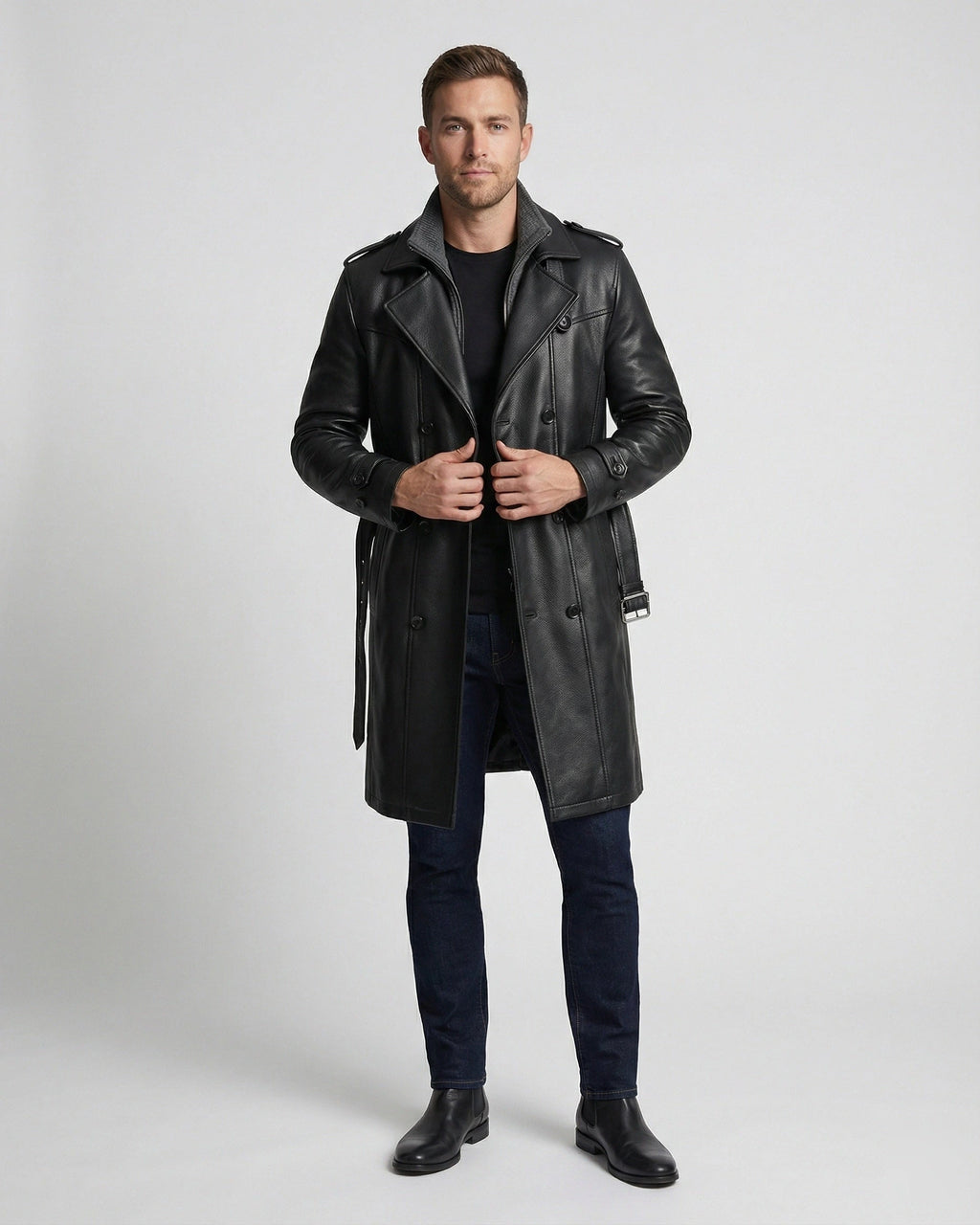 Men's Double-Breasted Leather Trench Coat with Belted Waist – Dora Grey