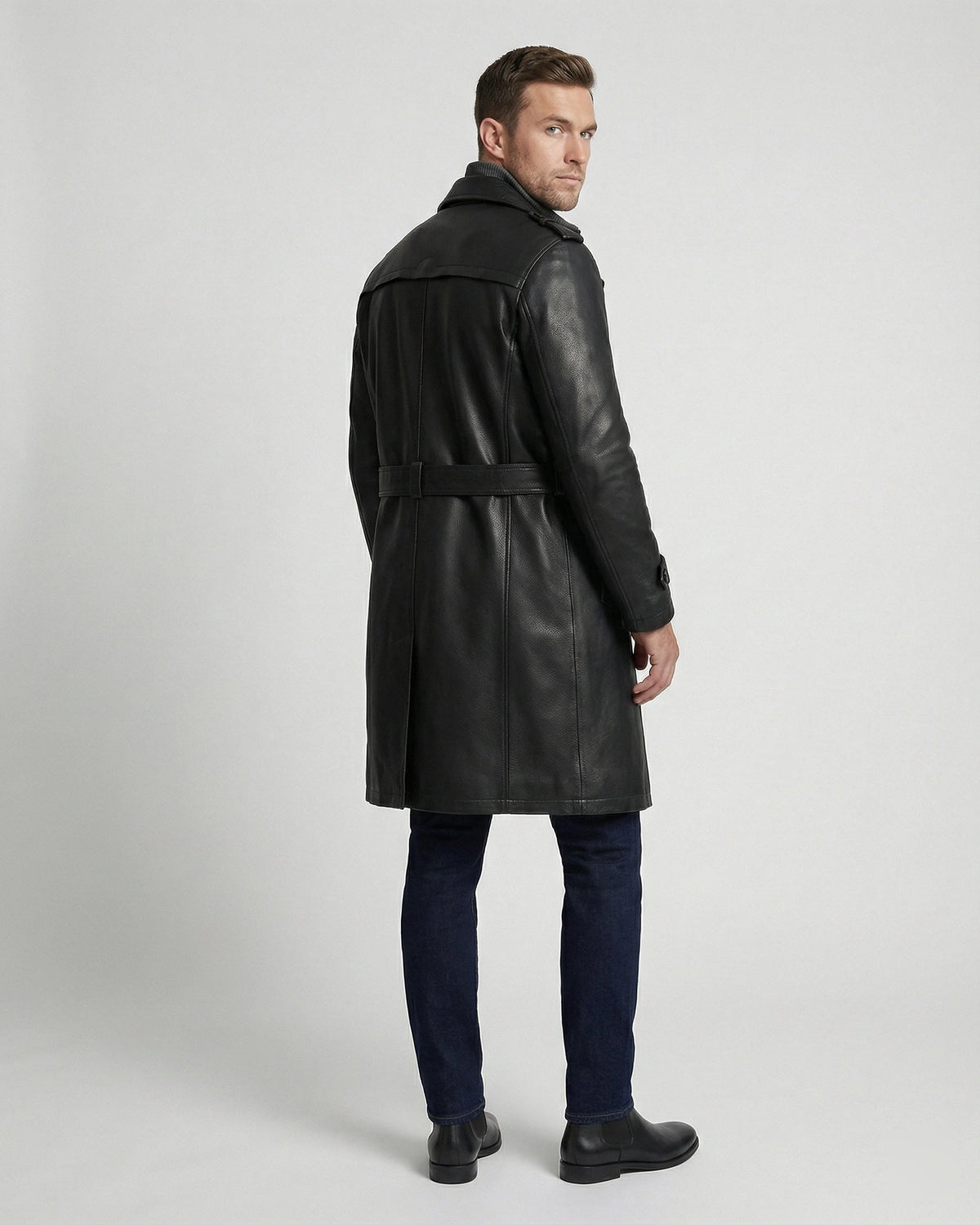 Men's Double-Breasted Leather Trench Coat with Belted Waist – Dora Grey